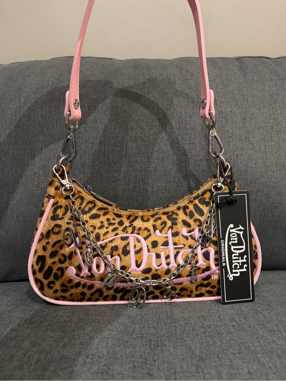 Von Dutch Leopard Print Shoulder Bag with Pink Trim and Chain Accents